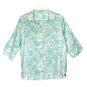Sigrid Olsen Linen Pullover Top Floral Print Side Buttons Turquoise Size 1X